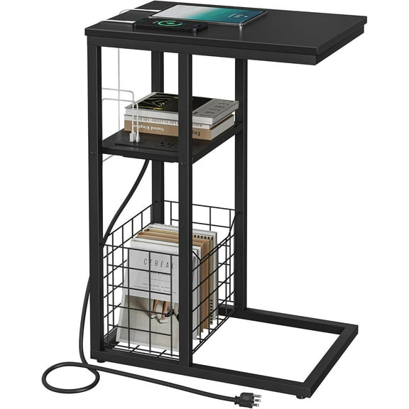 C Shaped End Table with Charging Station, Side Table for Couch, Small Side End Table for Small Spaces, 28" High Slide Under Sofa Table for Coffee, Tv Tray Table for Living Room, Rustic Brown