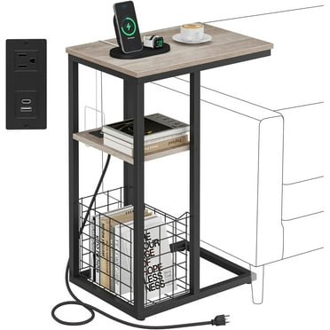 C Shaped End Table with Charging Station, Side Table for Couch, Small Side End Table for Small Spaces, 28" High Slide Under Sofa Table for Coffee, Tv Tray Table for Living Room, Greige