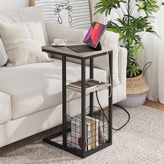 C Shaped End Table with Charging Station, Side Table for Couch, Small Side End Table for Small Spaces, 28" High Slide Under Sofa Table for Coffee, Tv Tray Table for Living Room, Greige