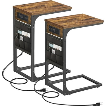 C Shaped End Table with Charging Station, Side Table for Sofa, Couch with Storage Bag, Set of 2, TV Tray with 2 USB Ports and Outlets for Living Room, Bedroom, Brown
