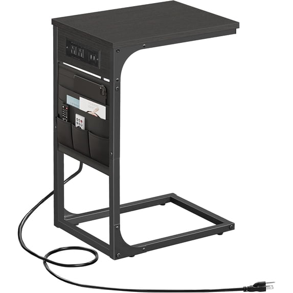 C Shaped End Table with Charging Station, Side Table for Sofa, Couch Table with Storage Bag, TV Tray Table with 2 USB Ports and Outlets for Living Room, Bedroom, Black