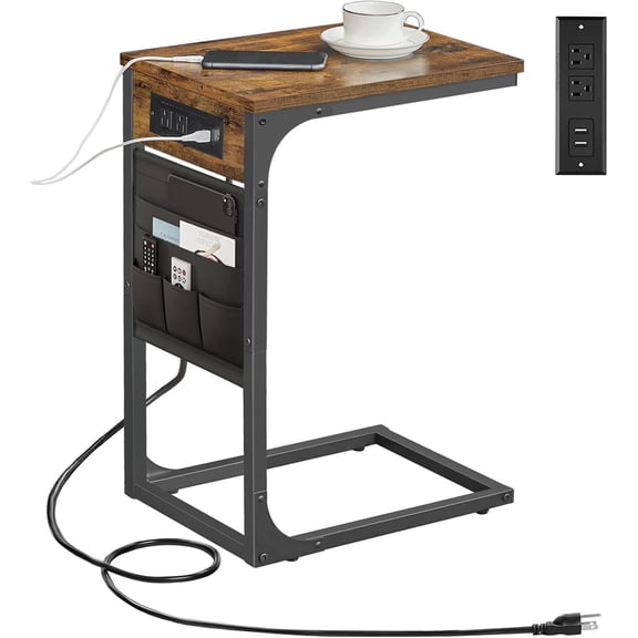 C Shaped End Table with Charging Station, Side Table for Sofa, Couch Table with Storage Bag, TV Tray Table with 2 USB Ports and Outlets for Living Room, Bedroom, Brown
