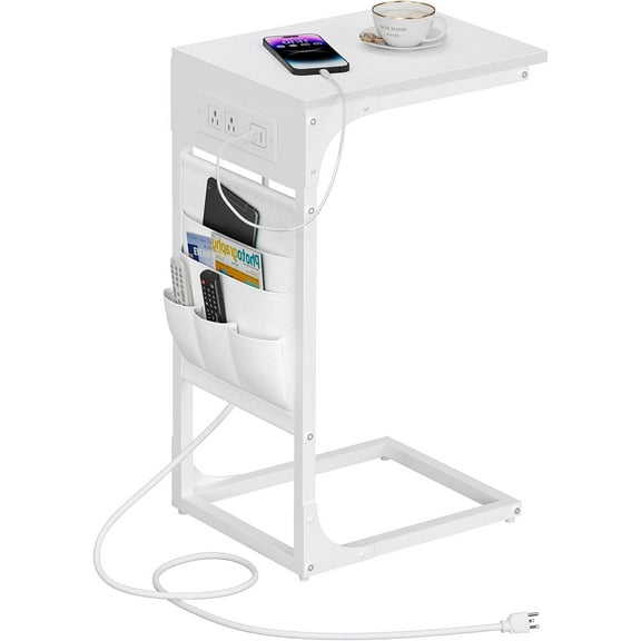 C Shaped End Table with Charging Station, Side Table for Sofa, Couch Table with Storage Bag, TV Tray Table with 2 USB Ports and Outlets for Living Room, Bedroom, White