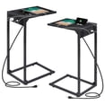 thumbnail image 1 of C Shaped End Table with Charging Station, Slide Under Sofa Side Table Set of 2 ,TV Tray Couch Table with USB Ports Outlets, Metal Frame Snack Table for Living Room Bedroom Black, 1 of 10