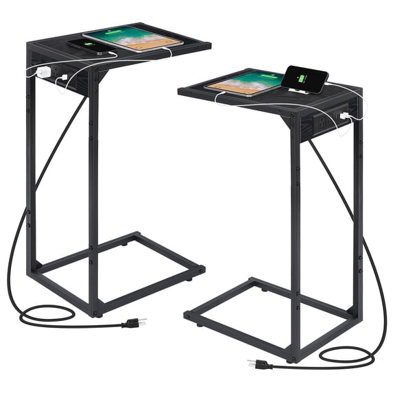 C Shaped End Table with Charging Station, Slide Under Sofa Side Table Set of 2 ,TV Tray Couch Table with USB Ports Outlets, Metal Frame Snack Table for Living Room Bedroom Black