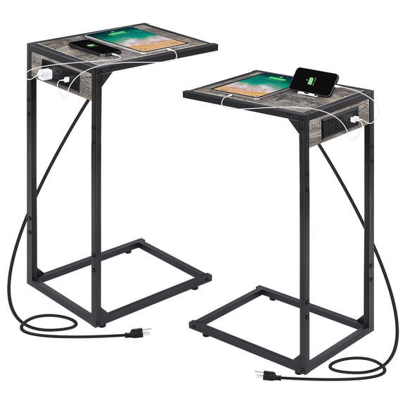 C Shaped End Table with Charging Station, Slide Under Sofa Side Table Set of 2 ,TV Tray Couch Table with USB Ports Outlets, Metal Frame Snack Table for Living Room Bedroom Grey