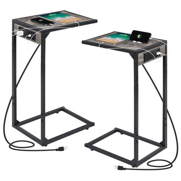 C Shaped End Table with Charging Station, Slide Under Sofa Side Table Set of 2 ,TV Tray Couch Table with USB Ports Outlets, Metal Frame Snack Table for Living Room Bedroom Grey