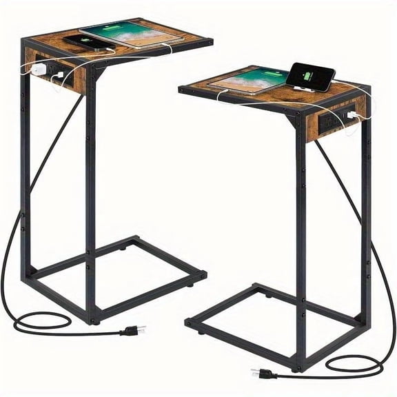 C Shaped End Table with Charging Station, Slide Under Sofa Side Table Set of 2 ,TV Tray Couch Table with USB Ports Outlets, Metal Frame Snack Table for Living Room Bedroom Rustic Brown