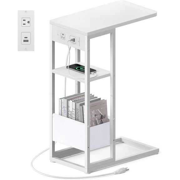 C Shaped End Table with Charging Station, Small Side Table for Couch Recliner, Slide Under Sofa Desk Snack Tables with Storage Bag & AC / USB Outlet, Small Spaces Drink Tables