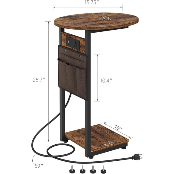 C Shaped End Table with Charging Station, Small Side Table for Couch, TV Tray Table Slide Under Sofa Table for Living Room Bedroom, Round Couch Side Table C Table for Sofa, Rustic Brown