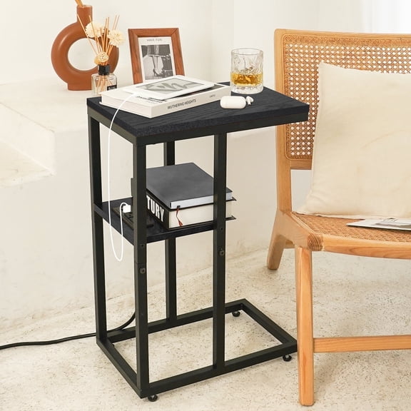 C Shaped End Table with Charging Station, Small Side Tables for Couch for Living Room, Bedroom, Black