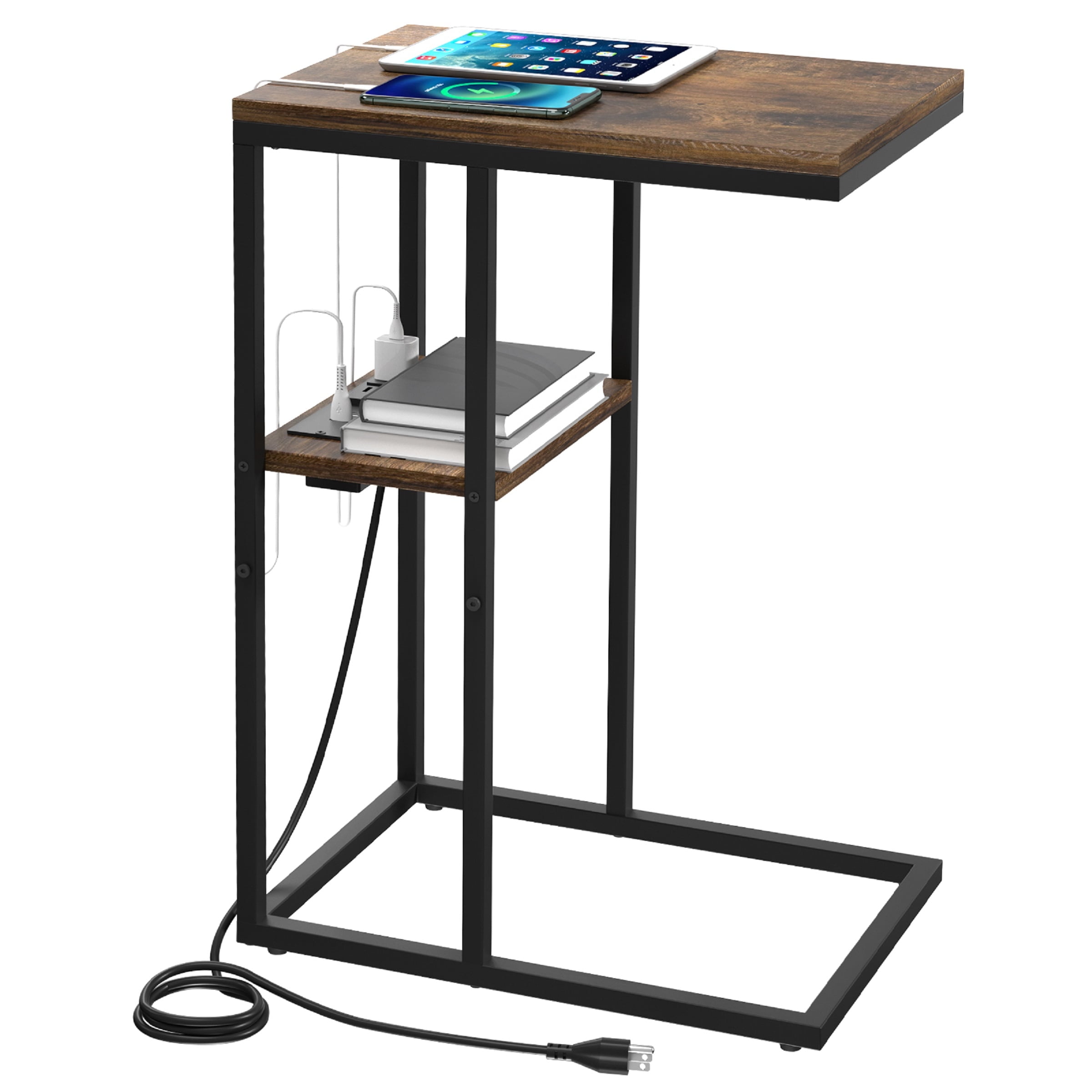 C Shaped End Table with Charging Station, Small Side Tables for Couch for Living Room, Bedroom,Brown