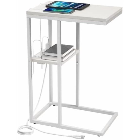 C Shaped End Table with Charging Station, Small Side Tables for Living Room Bedroom, Sofa Table with USB Ports and Outlets for Small Spaces, Rustic Bed Side Table