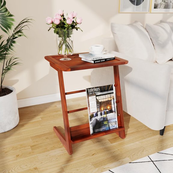 C-Shaped End Table for Couch, Acacia Wood Sofa Side Table & Nightstand with Mid-Century Modern Z Frame, L-Shaped Storage Shelf, Tool-Free Assembly for Bedroom, Living Room or Office - Dark Chocolate