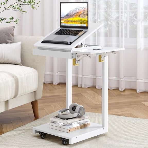 C Shaped End Table for Couch C Table with Wheels Folding Desktop Wood Rolling Side Table with Storage Desk Tv Tables Lockable Wheel for Couch, Living Room, Bedroom