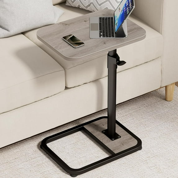 C Shaped End Table for Couch, Height Adjustable Living Room Couch Tray Tables Sofa Table Tv Trays for Bedroom, Grey Wooden Side Table for Small Spaces