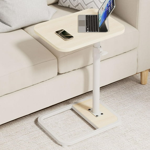C Shaped End Table for Couch, Height Adjustable Living Room Couch Tray Tables Sofa Table Tv Trays for Bedroom, Natural Wooden Swivel Side Table for Small Spaces