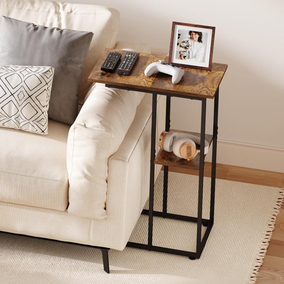 C Shaped End Table for Couch, Side Table with Storage Shelf, Bedside Table with Adjustable Feet for Carpets, End Tables Bedroom, Living Room, C Table for Sofa, Iron and Wood Sofa Table, Rustic Black