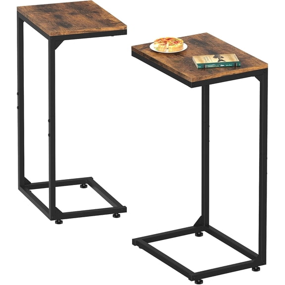 C Shaped End Table for Couch, Slide Under Sofa Side Table, TV Tray Table for Laptop, Coffee and Snacks, Small End Table for Living Room, Bedroom and Small Spaces (2, Rustic Brown)