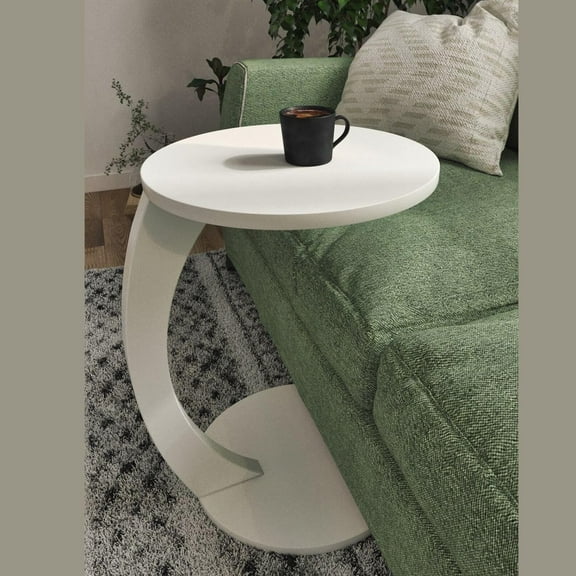 C Shaped End Table for Couch Small Places, Space Saver Round Side Table for Sofa and Bedside with Wheel, Coffee and Eating Snack Time Tray for Living Room, Office (White)