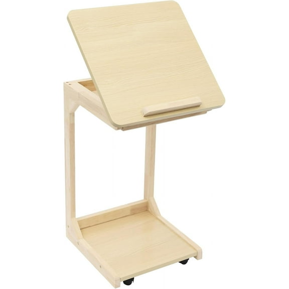 C-Shaped End Table, Couch Table with Adjustable Desktop, Coffee Table with Wheels, Small Side Table for Couch, Sofa Table with Solid Wood Frame for Living Room, Bedroom, Bedside, Wood Color