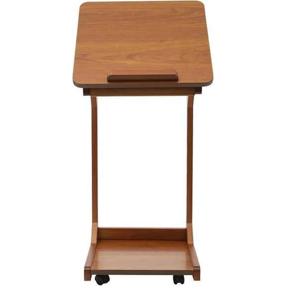 C-Shaped End Table, Couch Table with Adjustable Desktop, Coffee Table with Wheels, Small Side Table for Couch, Sofa Table with Solid Wood Frame for Living Room, Bedroom, Bedside, Walnut Color