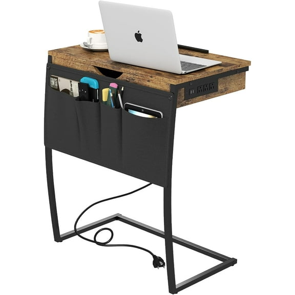 C Shaped End Table - Couch Table that Slide Under, Table for Eating, Laptop Desk for Couch with Charging Station, Storage Drawer & Tiltable Desktop, Rustic Brown