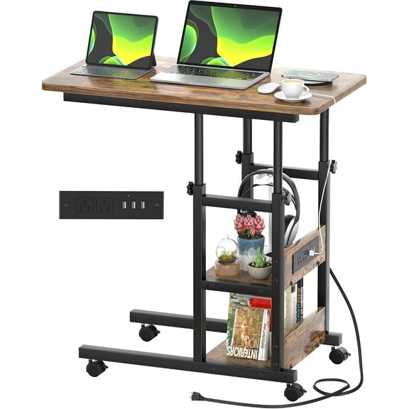 C Shaped End Table Height Adjustable - Couch Side Table with Charging Station, TV Tray with Wheels Slide Under Sofa for Small Spaces, Living Room Bedroom, Rustic Brown