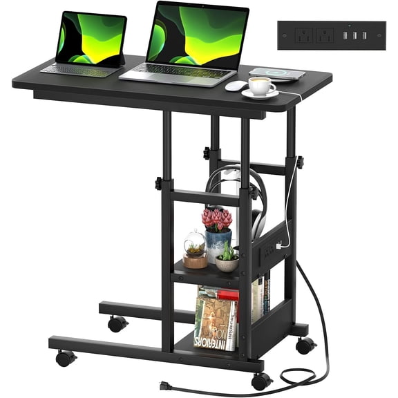 C Shaped End Table Height Adjustable - Couch Side Table with Station, TV Tray with Wheels Slide Under Sofa for Small Spaces, Living Room Bedroom, Black