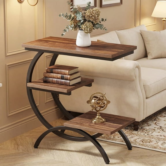 C Shaped End Table Industrial 3-Tier Couch Table Small Side Table For Couch Wood Bedside Table Dark Brown C Side Table For Small Spaces Living Room