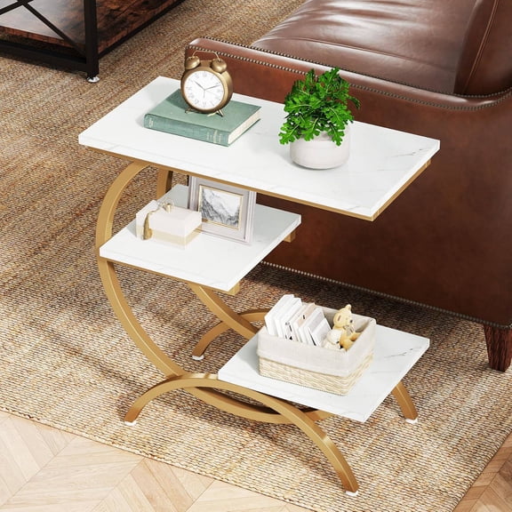 C-Shaped End Table, Industrial 3-Tier Small Side Table for Couch, Wood Bedside Table Snack Side Table with Storage Shelves for Living Room Small Space, White Gold