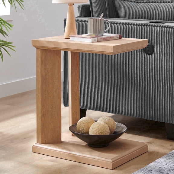 C Shaped End Table for Living Room, 23" H Narrow  Side Table for Small Spaces, 2-Tier Sofa Table for Apartment, Home Office, Natural Oak