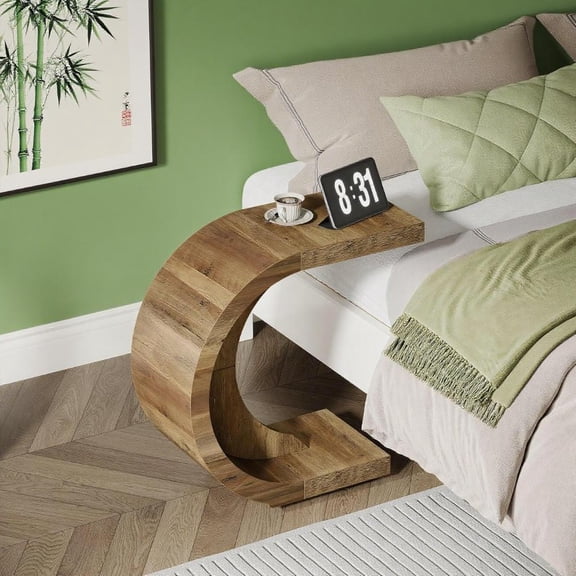 C-Shaped End Table Narrow Sofa Side Table for Small Spaces, Boho Farmhouse Bedside Table,Desk Snack Table for Couch Bedroom Living Room Apartment Dorm, Mid Century Modern Accent Table with Storage