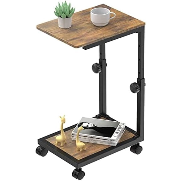 C Shaped End Table with Rolling Wheels, Height Adjustable Sofa Side Table for Small Space Bedroom, Industrial TV Tray Couch Table Cart for Living Room, Retro Brown & Black$$Furniture