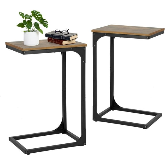C Shaped End Table Set of 2 C Shaped Couch Tray End Table with Metal Frame Adjustable Feet 24 Inch Morden Sofa Desk TV Tray for Living Room,Bedroom,Small Space,Bedside,Farmhouse,Brown