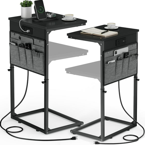 Vagusicc C-Shaped End Table Set of 2 with Charging Station, Small Side Table for Couch, Adjustable Height Couch Side Table
