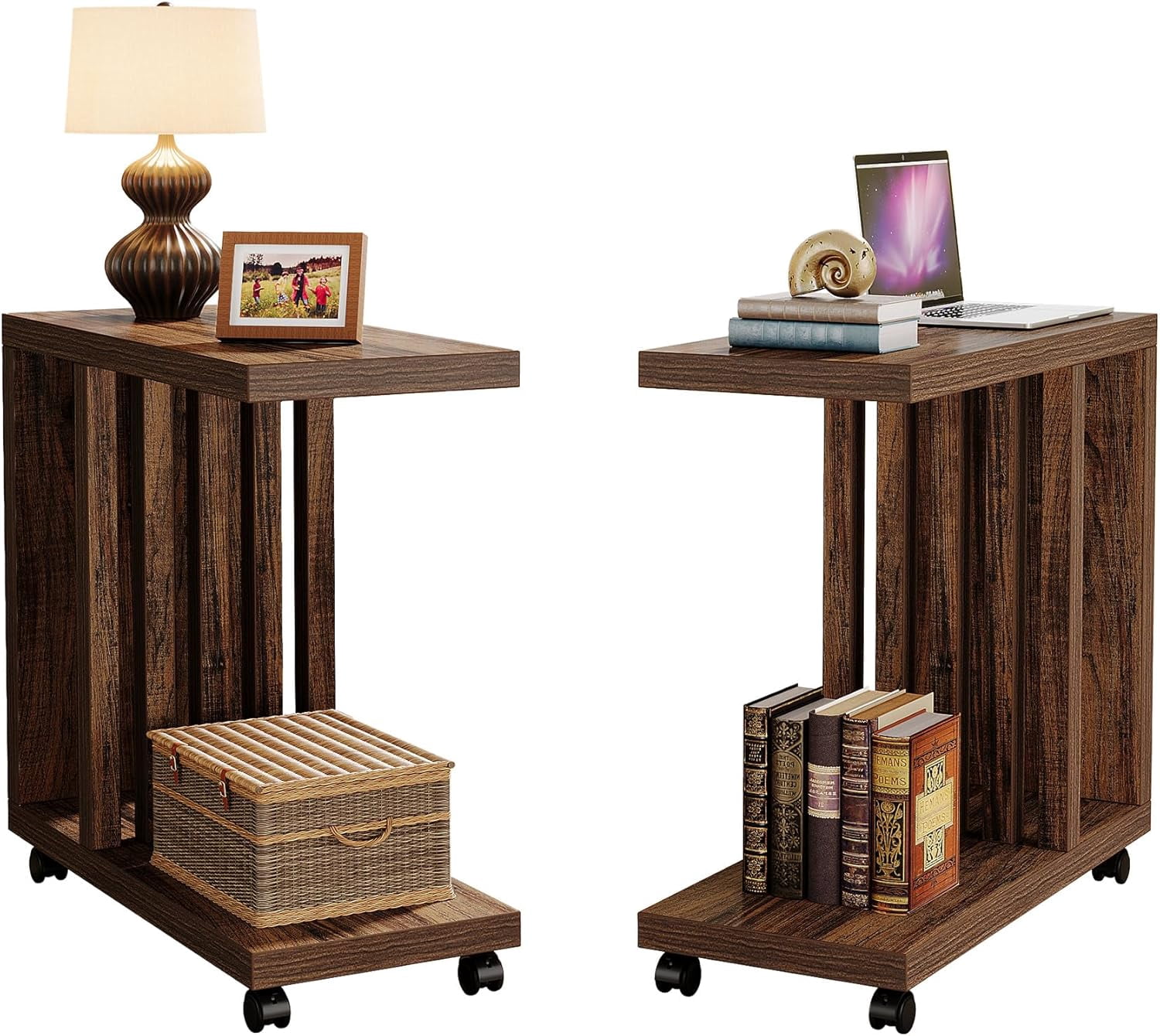 Lockable Table C Shaped End Table Set of 2, Couch Side Table with Lockable Wheels, 2 ...