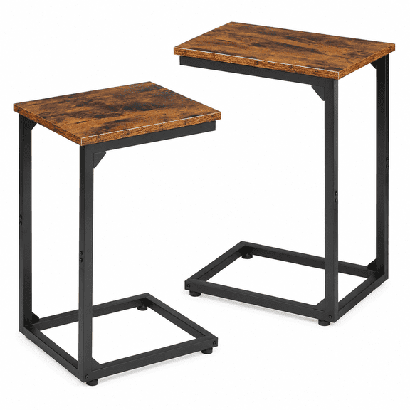 C Shaped End Table Set of 2, Couch Side Table that Slide Under | TV Trays for Eating on Couch, Narrow Small Space Side Tables for Living Room Bedroom, Rustic Brown