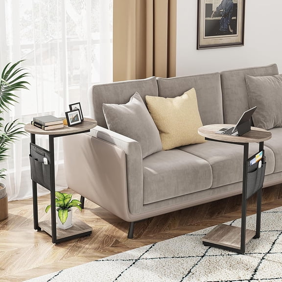 C Shaped End Table, Set of 2 Side Table for Couch, Small Couch Side Table for Small Spaces, Slide Under Sofa Tray Desk with Storage Bag for Living Room and Bedroom (Greige)
