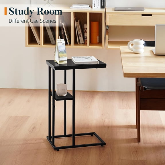 C Shaped End Table Set of 2, Side Table Living Room, Couch Tables That Slide Under Couch Tables with Metal Frame, Rustic Snack Table for Bedroom/Small Spaces Large Desktop