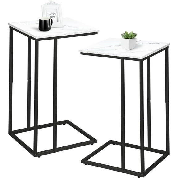 C Shaped Side Table Set of 2, Marble End Table for Sofa and Bed, Couch Table That Slide Under, Snack Side Table for Living Room, Bedroom or Small Spaces, White and Black