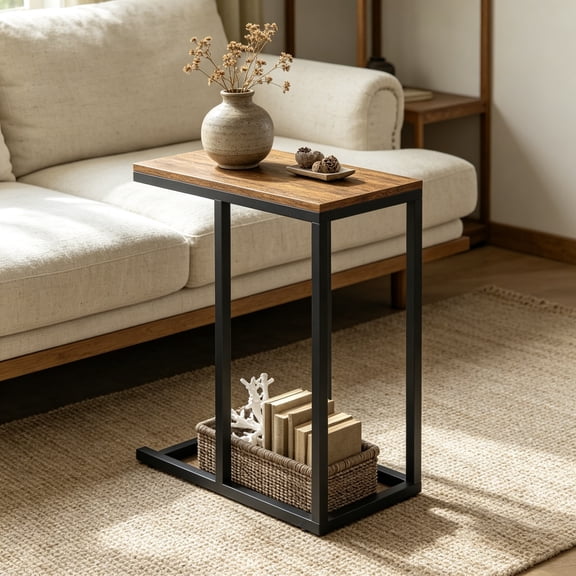 C-Shaped End Table Set of 2, Small Side Table for Sofa, Couch Table That Slides Under with Metal Frame, Industrial TV Tray Table for Small Spaces, C Table for Living Room, Bedroom, Rustic Brown
