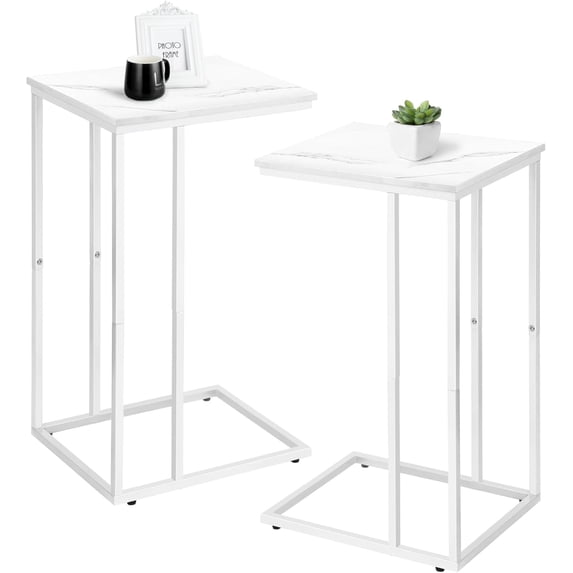 C Shaped End Table Set of 2 for Sofa and Bed, Slide Under Couch Tables, Side Table With Faux Marble , Small Under Table Tray for Room, , White