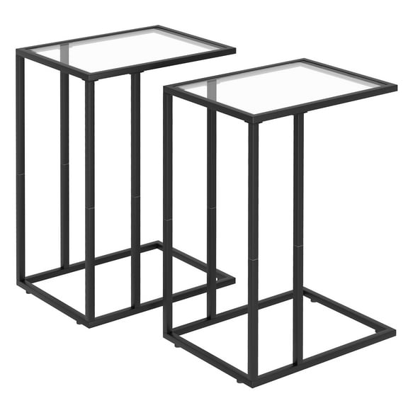 C Shaped End Table Set of 2, Sofa Couch Side Table, Tempered Glass Snack TV Tray Table with Metal Frame for Small Space,Living Room, Bedroom, Bedside,Modern Style, Black,2PCS