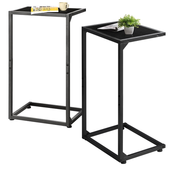 C-Shaped End Table Set of 2 - Black Snack Side Tables That Slide Under Sofa & Bed, Adjustable Feet, Small Space Organizer