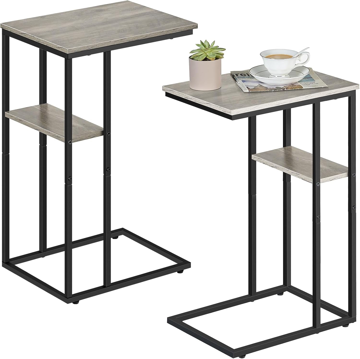 Gray Wood and Metal C-Shaped End Table Set of 2