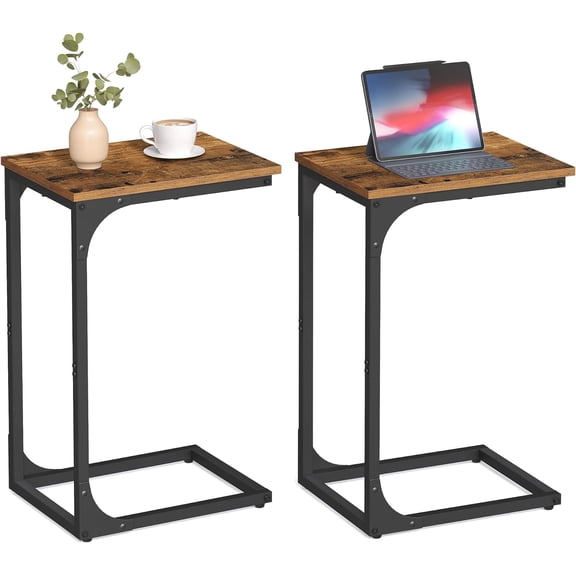 C-Shaped End Table Set of 2, Small Side Table for Couch, Sofa Table with Metal Frame for Living Room, Bedroom, Bedside, Rustic Brown + Black