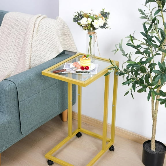 C-Shaped End Table Set of 2, Tempered Glass Couch Table with Metal Frame, Gold for Living Room Bedroom