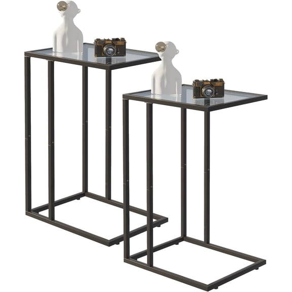 C Shaped End Table Set of 2, Tempered Glass Snack Simplicity Side Table with Metal Frame