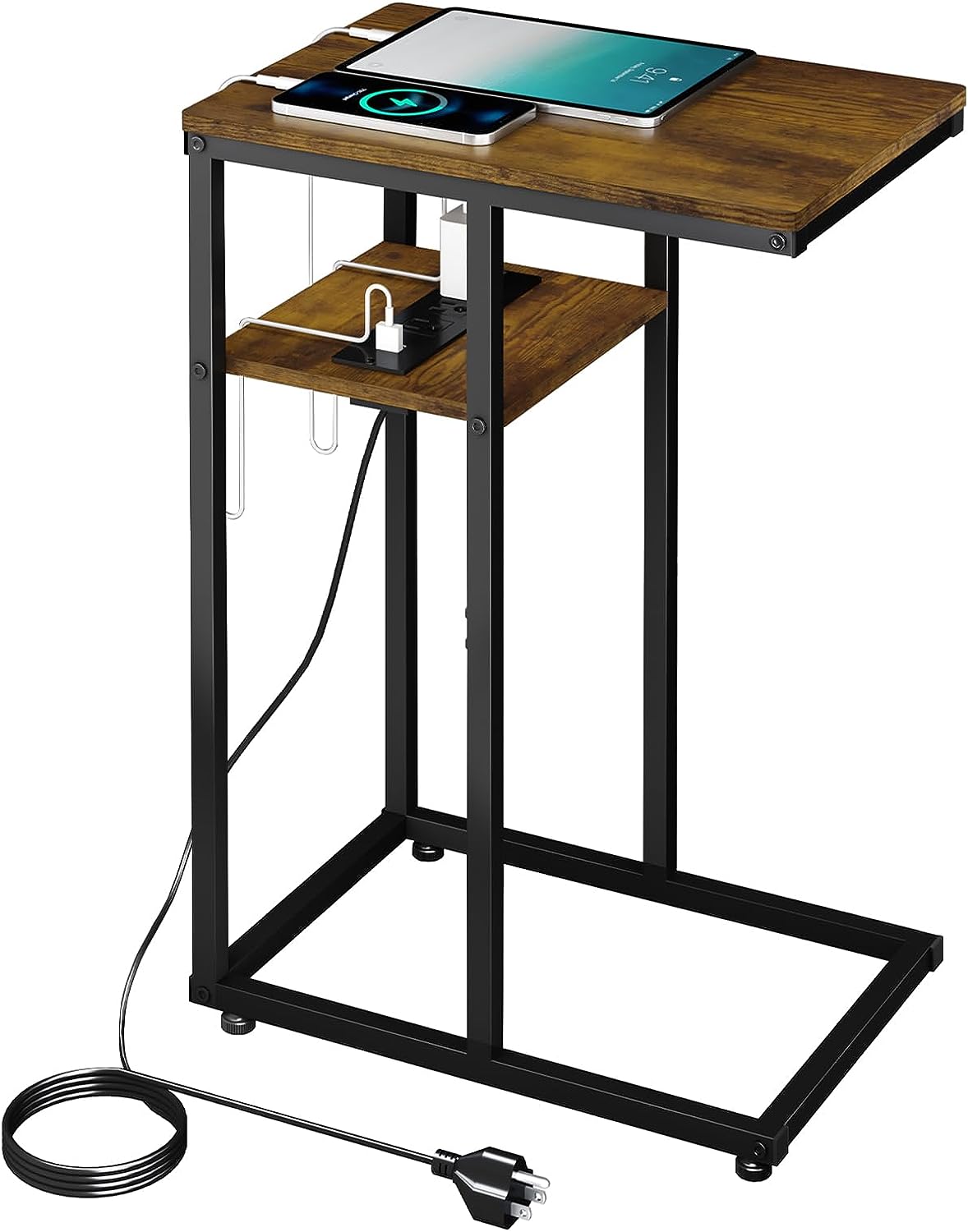 C Shaped End Table, Side Table with Charging Station, Side Table for